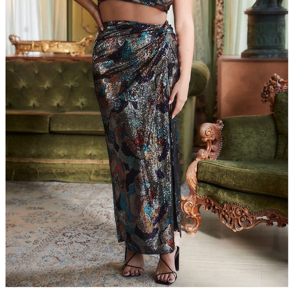 12th Tribe Maxi Skirt Toulouse Sequin Faux Wrap Slit Multi Metallic M Festival